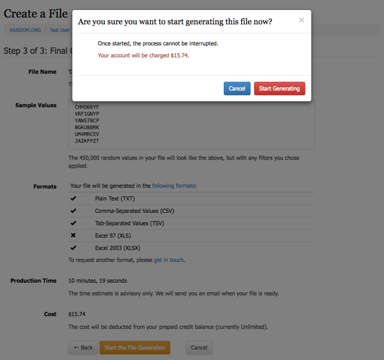 Step 3b: Final Confirmation (Start Generating)